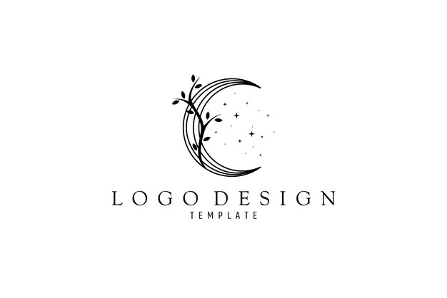 Design logo su cui l'immagine astratta della luna con un ramo di foglia in stile line art