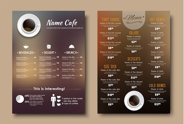 Vettore menu di design per un ristorante, bar o caffetteria a4.