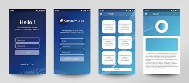 모바일 앱 UI UX GUI의 설계 로그인 및 비밀번호 입력과 함께 사용자 등록 화면의 집합