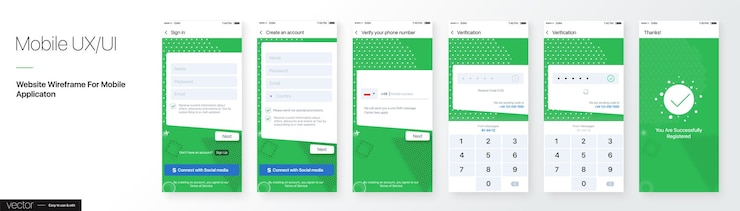 Vector design mobile application ui, ux. gui screens with login and password input, sign in and sign up.