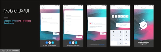 Design Mobile Application UI, UX. GUI Screens with Login and Password input, Sign In and Sign Up.