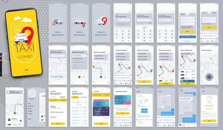 Vector design of the mobile application. ui ux set of gui screens taxi app with login and password input.