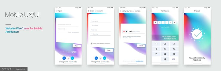 Vector design of the mobile application ui ux set of gui screens with login and password input sign in and sign up