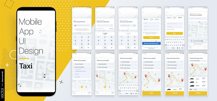 Vector design of the mobile application, ui, ux. a set of gui screens with login and password input.