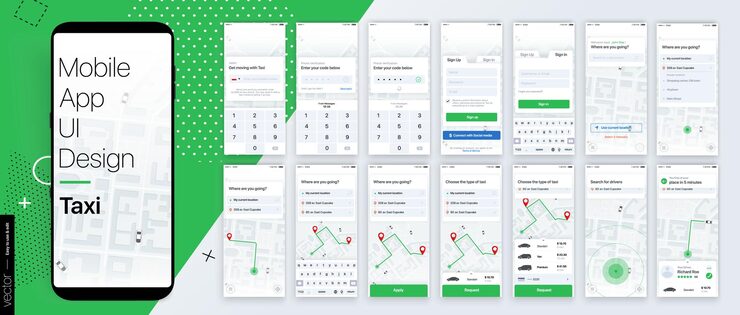 Vector design of the mobile application, ui, ux. a set of gui screens with login and password input.