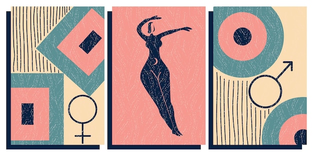 Design in a modern midcentury style A set of posters with symbols and a female silhouette