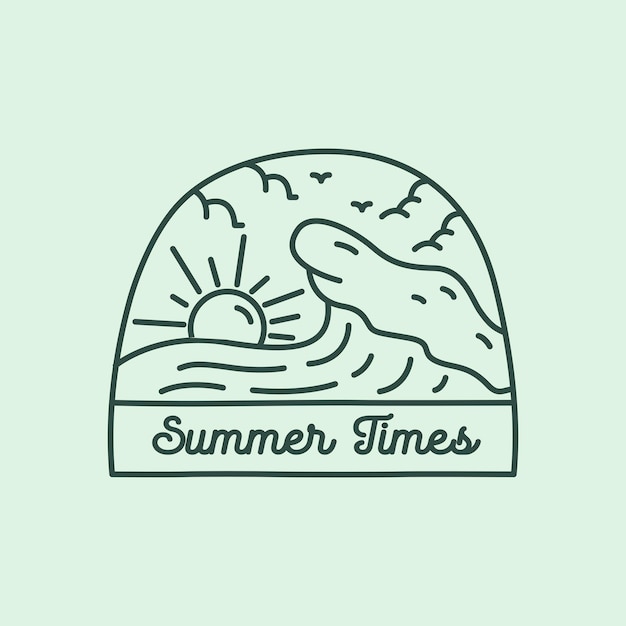 Дизайн моно линии летнего времени, волны и заката для значка, наклейки, патча, футболки, дизайна и т. Д.
