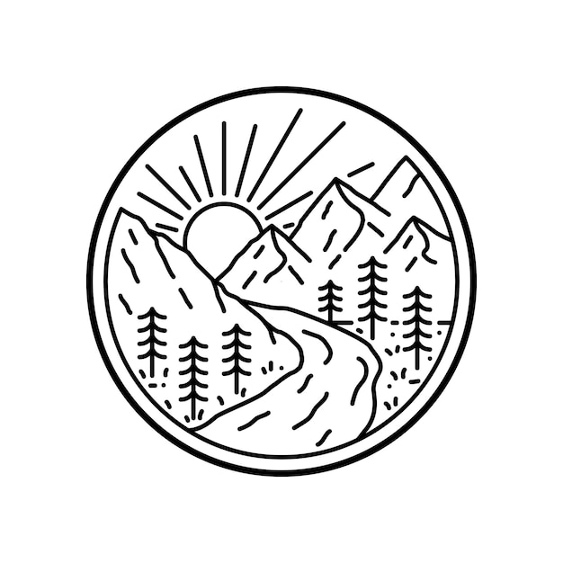 Design di montagne e ruscelli o laghi in emblema distintivo d'arte in linea mono tshirt vettore tee design