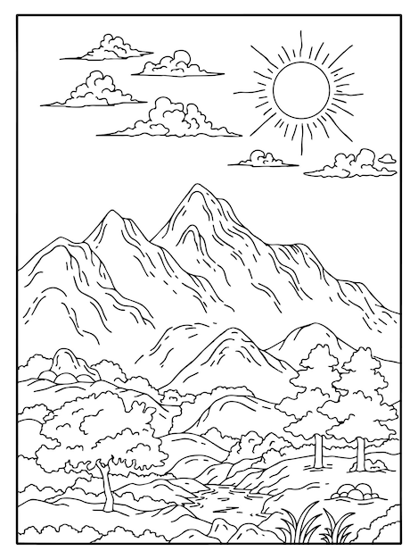 Design Nature Landscape Outline Coloring Page