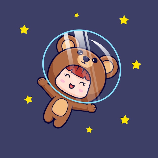 ベクトル 宇宙に星と浮かぶクマの衣装を着てかわいい女の子のデザイン