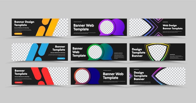 ベクトル 色付きの泡、ストローク、線で水平方向の黒いウェブバナーのデザイン。ビジネス広告のテンプレートのセット。