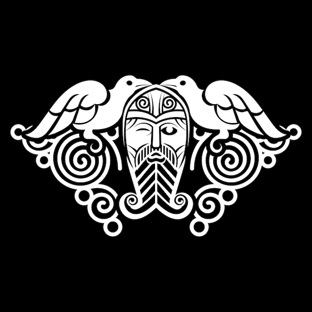 Design in old norse style supreme god odin two crows and runic signs drawn in the celticscandinavian