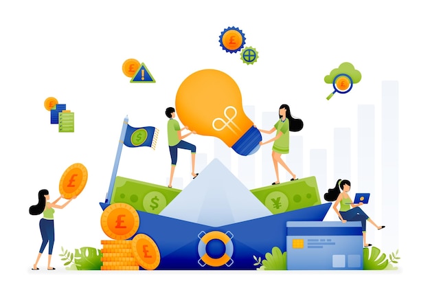 Design of paper boat filled with money to travel and discover new ideas leader challenge team to collaboration illustration for landing page website poster banner mobile apps web social media ads