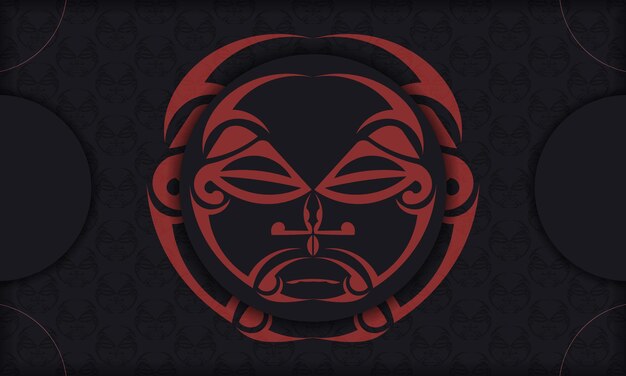 Vector design of a postcard with a face in polizenian style patterns. black template banner with mask of the gods ornaments and place for your logo.