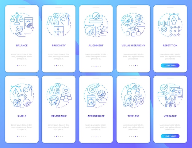Принципы дизайна Набор экранов мобильного приложения с синим градиентом Пошаговое руководство по содержимому 5 шагов Графические страницы инструкций с линейными концепциями Шаблон пользовательского интерфейса UX GUI Myriad ProBold Используются обычные шрифты