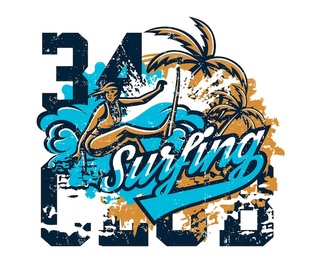 Vettore design per la stampa su una tshirt ragazza surfista alla deriva attraverso le onde sport estremo spiaggia costa soleggiata testo lettering illustrazione vettoriale effetto grunge