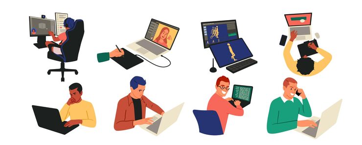 Vector design programming ux ui app web data startup team programmer coding and testing application marketing content digital interface computer game development designers vector set