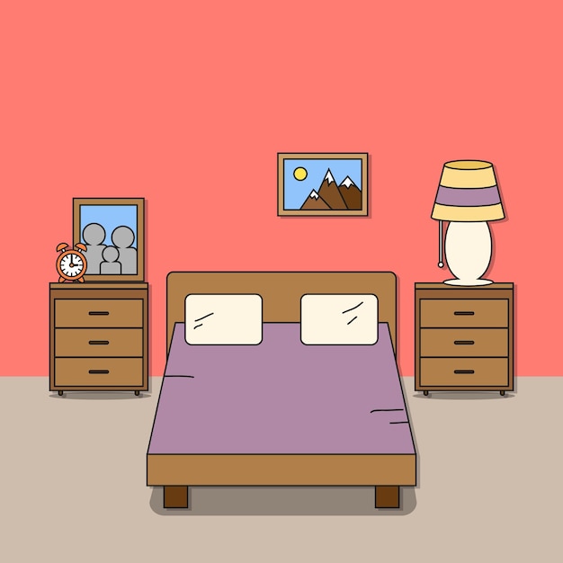 Vettore progettazione della camera da letto con letto due tavolini da letto lampada da scrivania sveglia foto e immagine illustrazione vettoriale per l'interno