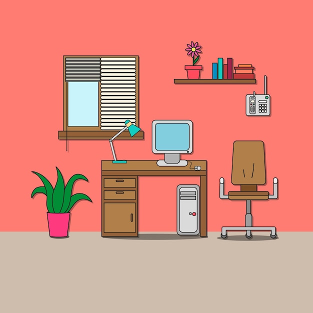 Vector design of room cabinet with chair desk with computer and lamp shelf with books phone flower and window with jalousie vector illustration for interior