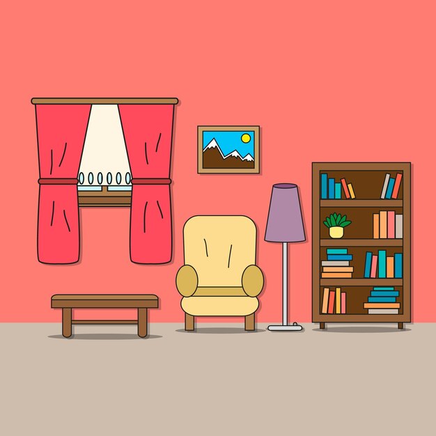 Vettore progettazione della stanza soggiorno con sedia lampada libreria tavolo immagine e finestra con tende illustrazione vettoriale per l'interno