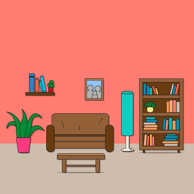 Vector design of room sitting room with sofa lamp bookcase shelf with books table flowers and photo vector illustration for interior