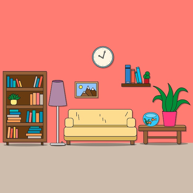 Vector design of room sitting room with sofa lamp bookcase shelf with books table with flower and aquarium picture and clock vector illustration for interior