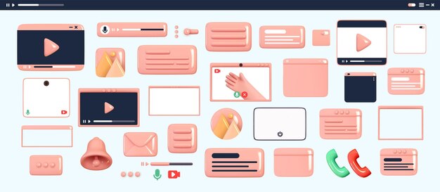 design set for apps and websites. scroll bar for the player. multicolored icon templates frame video player. realistic 3d objects for social media. vector illustration