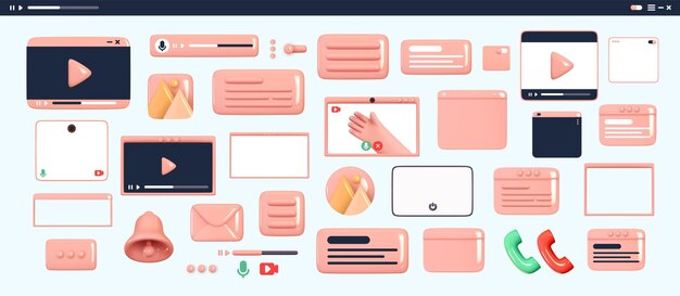 アプリとウェブサイトのデザインセット。プレーヤーのスクロール バー。色とりどりのアイコン テンプレート フレーム ビデオ プレーヤー。ソーシャル メディア用のリアルな 3D オブジェクト。ベクトル図