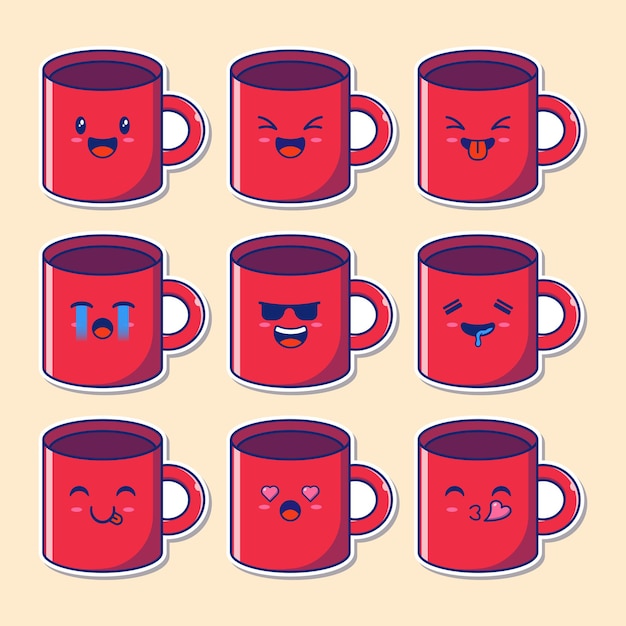 Insieme di progettazione di caffè sveglio in una tazza mascotte emoji.