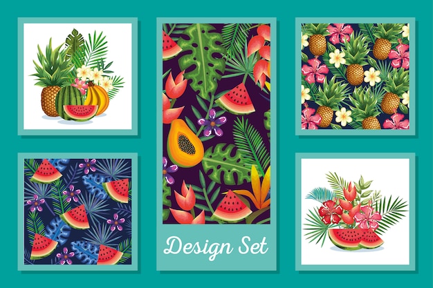 Design set di frutta con fiori e foglie tropicali