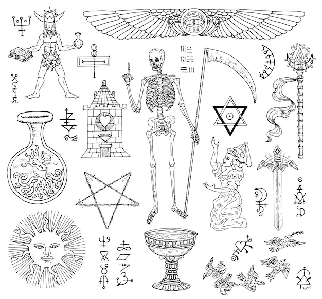 Design set with black and white pentagram skeleton alchemy and mystic symbols