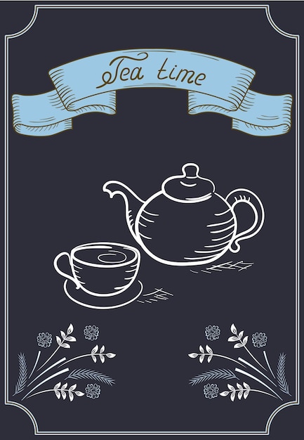 Vector design signboard for cafe or restaurant with ribbon corner ornament tea cup kettle and headline in style hand drawing and handwriting