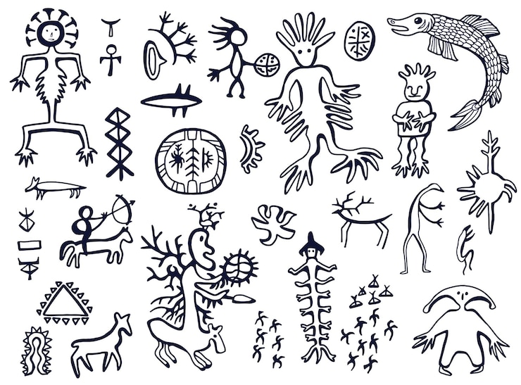 Vector design sketch set with northern styled ornament and doodle elements mystical emblems