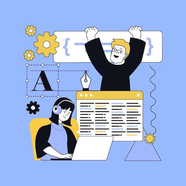 design software development concept for modern web design people creating program code engineering and computing projects programming and processing doing webpage fixing vector illustration