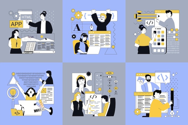 Design software development concept of social media banners set for web People creating program code engineering back end design and programming interface and user layouts Vector illustrations