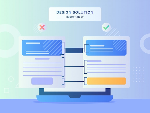 Vector design solution concept with computer laptop screen and design layout with modern flat style