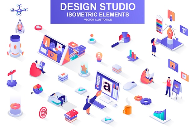 Design studio bundle of isometric elements  illustration