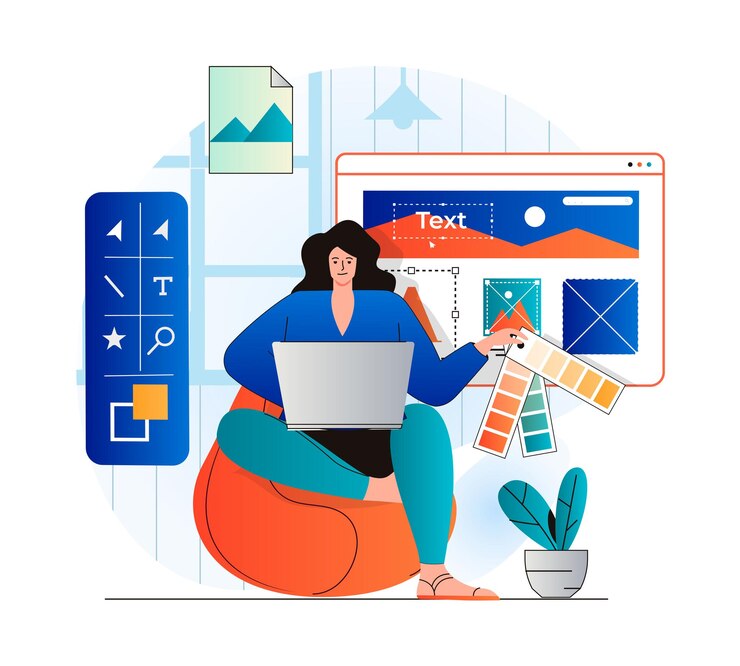 वेक्टर design studio concept in modern flat design woman designer select colors from palettes