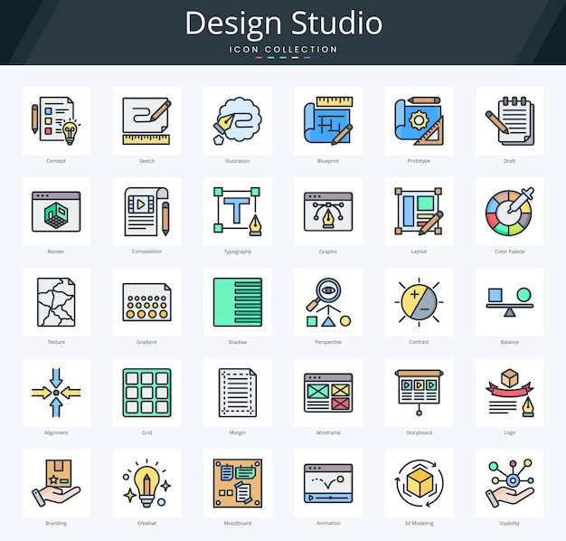 Design studio flat outline icon pack for visual identity and drawing tools