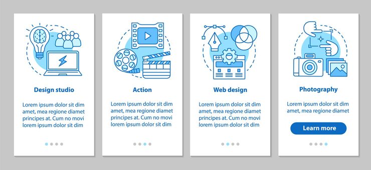 Vector 设计工作室在线移动应用程序页面屏幕与线性概念. 动作,网页设计,摄影步骤图形说明. ux, ui,gui向量模板与插图