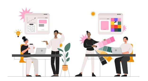 Design studio set Men and women work at common project Designers and freelancers at workplace Develop of UI and UX website Cartoon flat vector collection isolated on white background