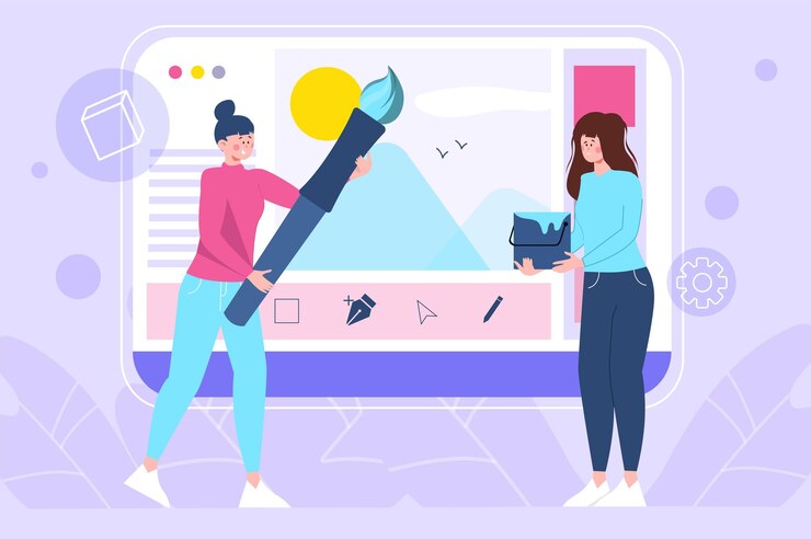 Vector design studio violet concept with people scene in the flat cartoon design designer draws sketches