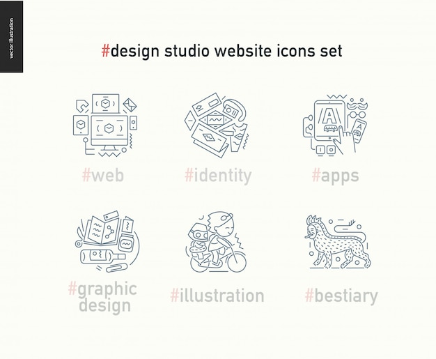 Set di icone delineato sito web di design studio
