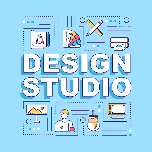 Vector design studio word concepts banner. creative agency. artist workshop. infographics with linear icons on turquoise background. isolated typography. vector outline rgb color illustration