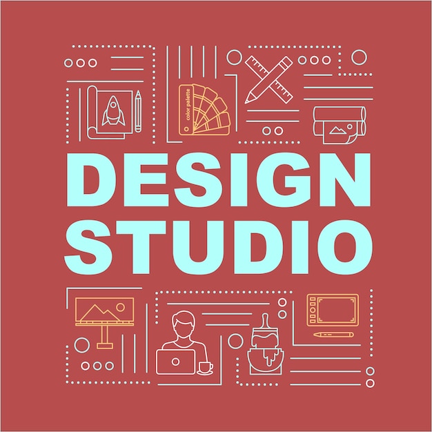 디자인 스튜디오 단어 개념 배너입니다. 사내 회사 업무. 원격 직장. 빨간색 배경에 선형 아이콘으로 인포 그래픽입니다. 격리 된 인쇄 술입니다. 벡터 개요 Rgb 컬러 일러스트