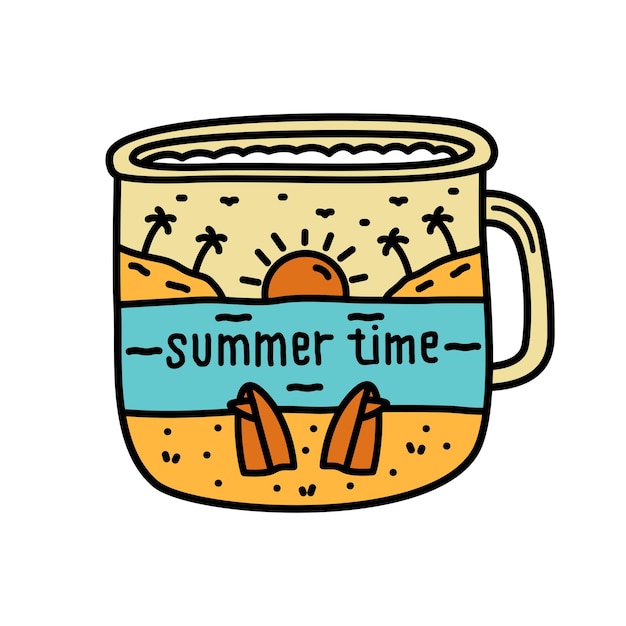 Design of summer time surfboard on the beach in cup frame for badge sticker patch t shirt design etc