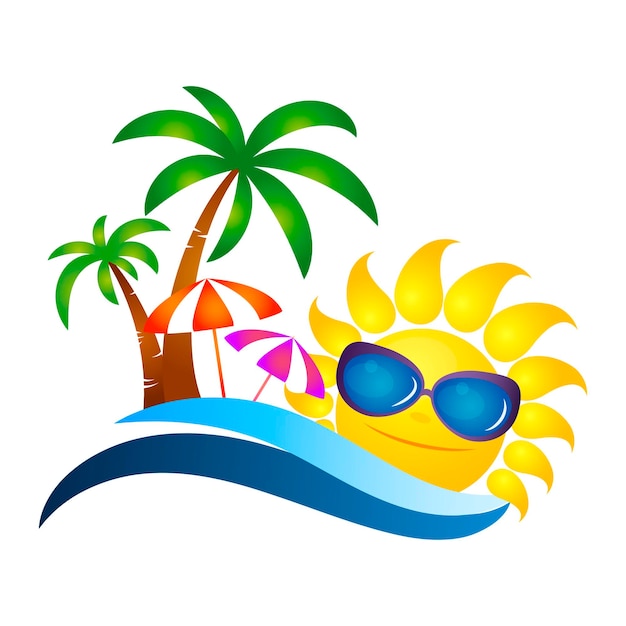 Design for summer travel and vacation Sun with glasses palm trees and blue wave
