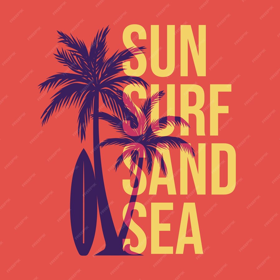Premium Vector | Design sun surf sand sea with silhouette palm tree and ...