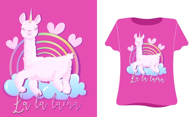 虹の雲にピンクのラララマの T シャツのデザイン