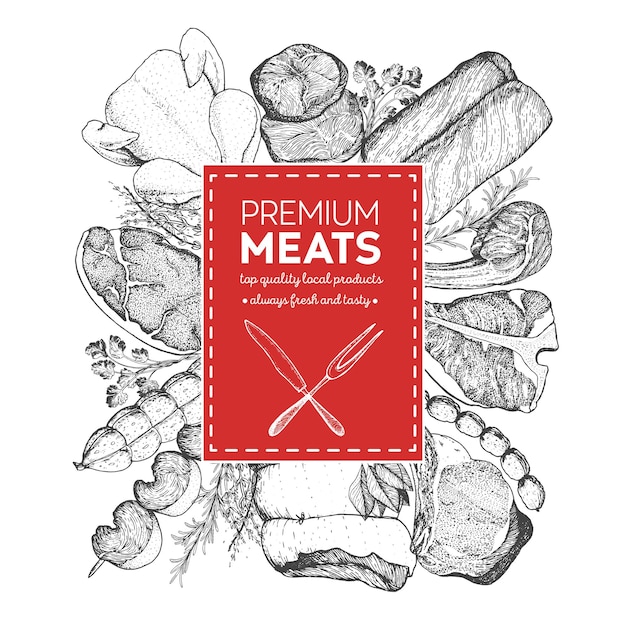 Вектор Шаблон дизайна для мясного рынка этикетка меню с мясной мукой ручная векторная иллюстрация
